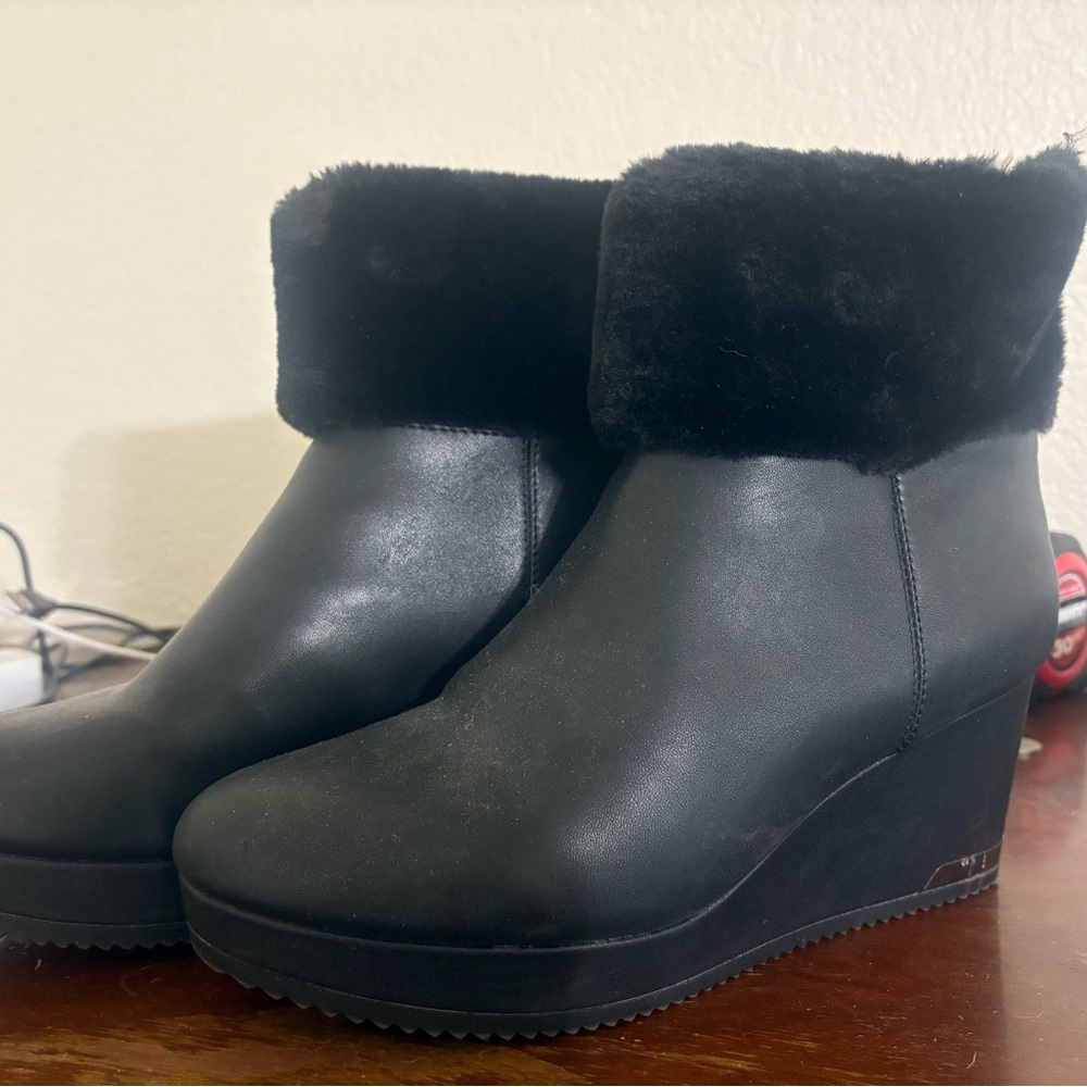 DKNY Black Wedge Ankle Boots with Faux Fur